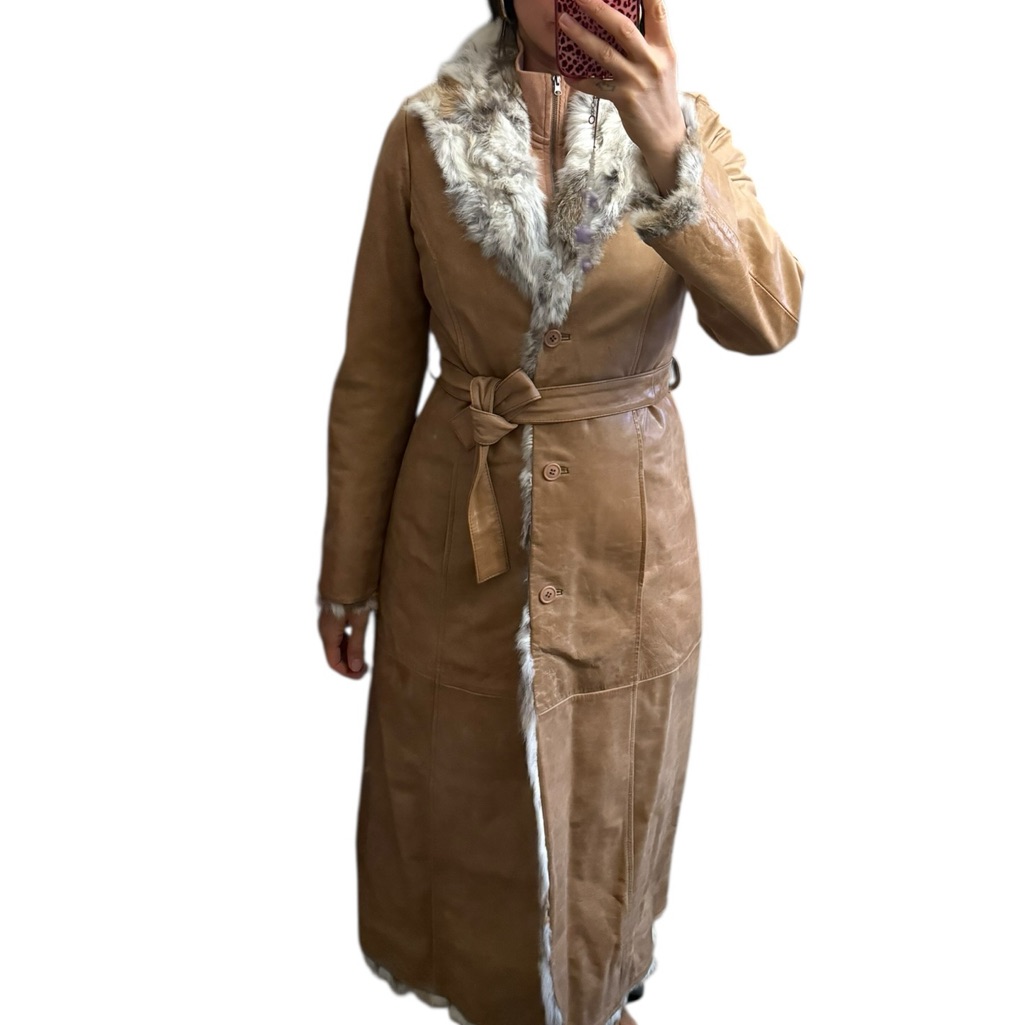 Vintage Beige Tan Fur Trim Leather Trench Jacket Coat